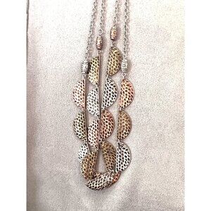 Metallic Multi-Tone Layered Necklace With Hammered Half-Moon Pendants & Chain